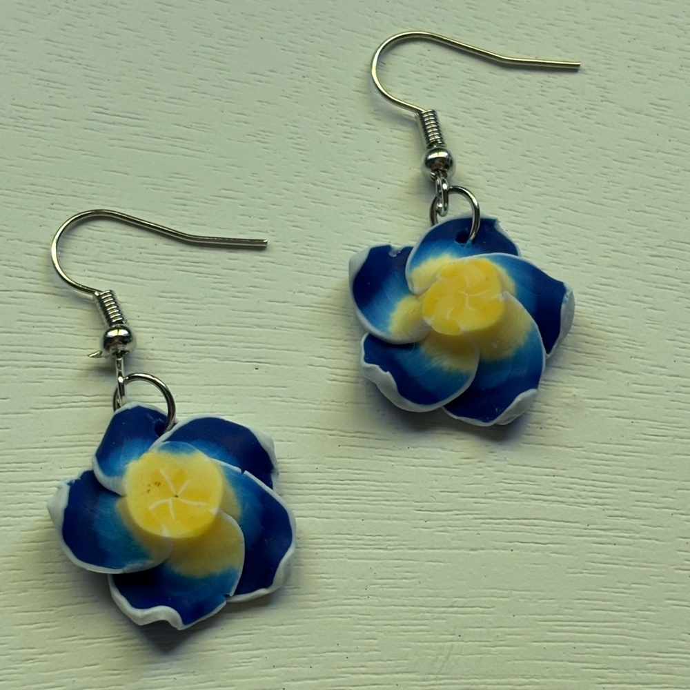 Plumeria Blue and Yellow Flower Earrings - Picture 3 of 4